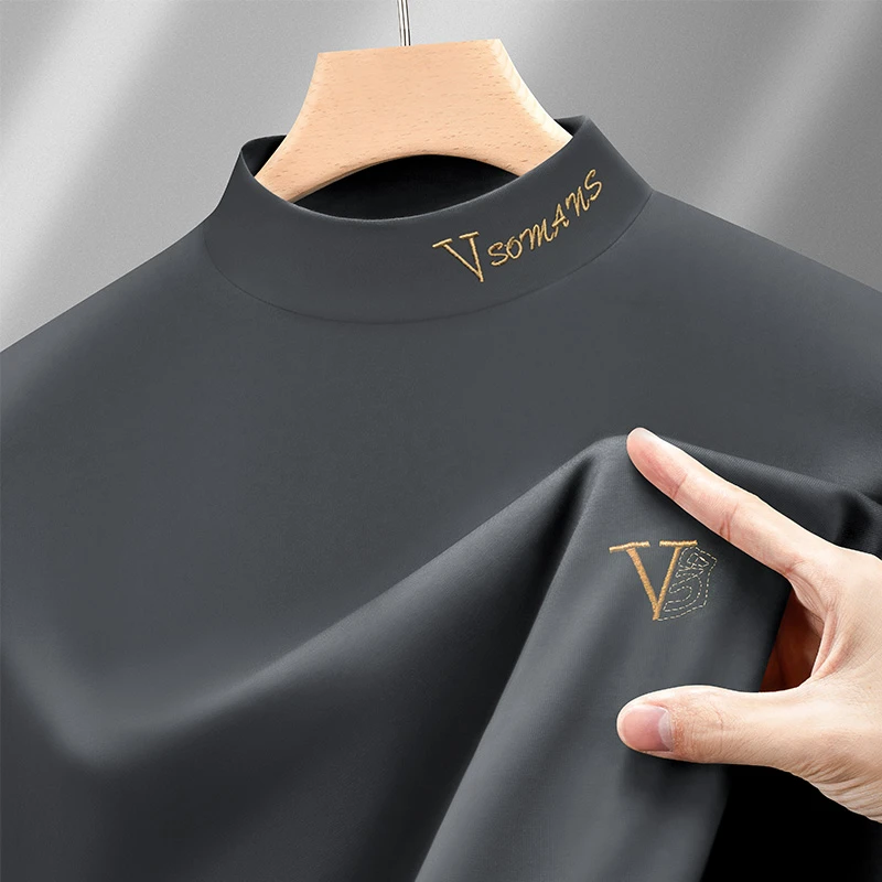 莫代尔秋冬半高领男士长袖t恤2025新款加绒加厚打底衫中领秋衣潮