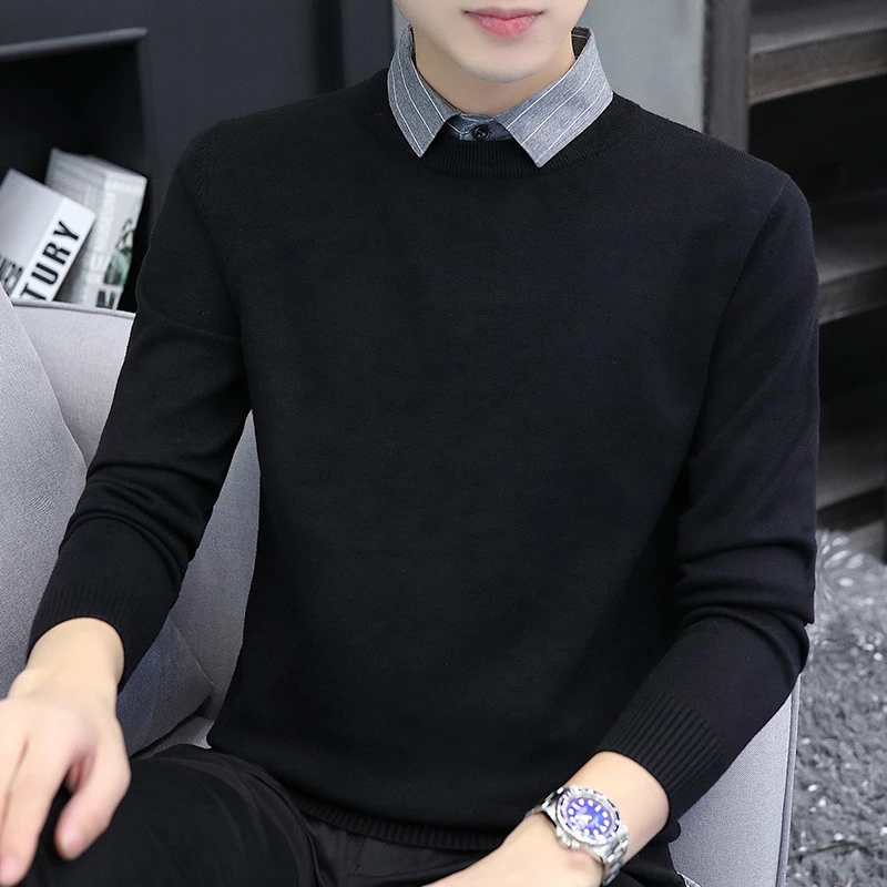 秋冬季毛衣男假两件衬衫领商务针织衫薄款2025新款毛线衣带领潮P