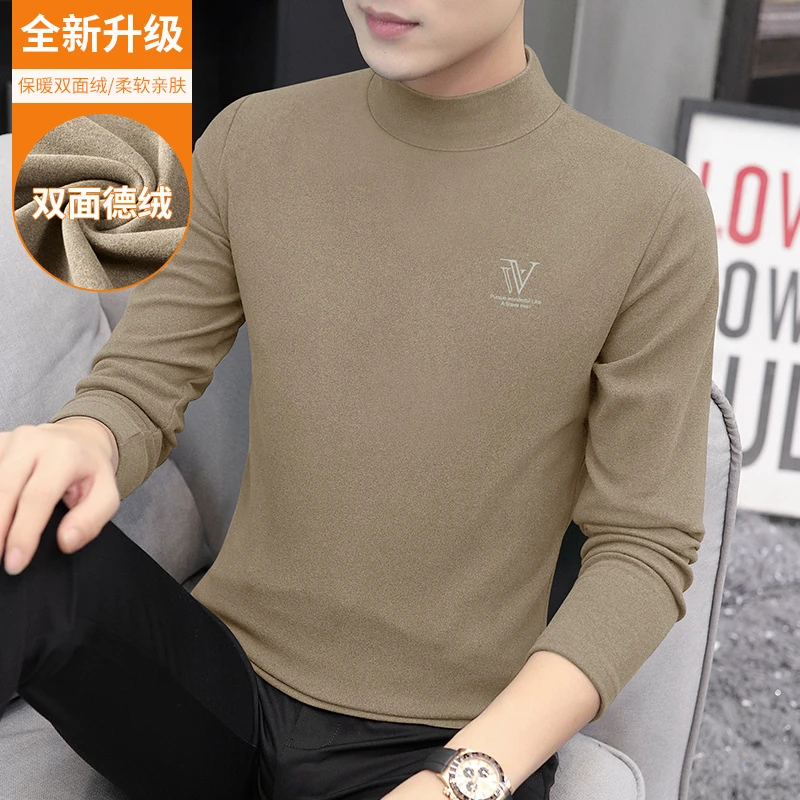 双面德绒半高领秋冬男士长袖t恤加绒加厚保暖打底衫中领内搭上衣