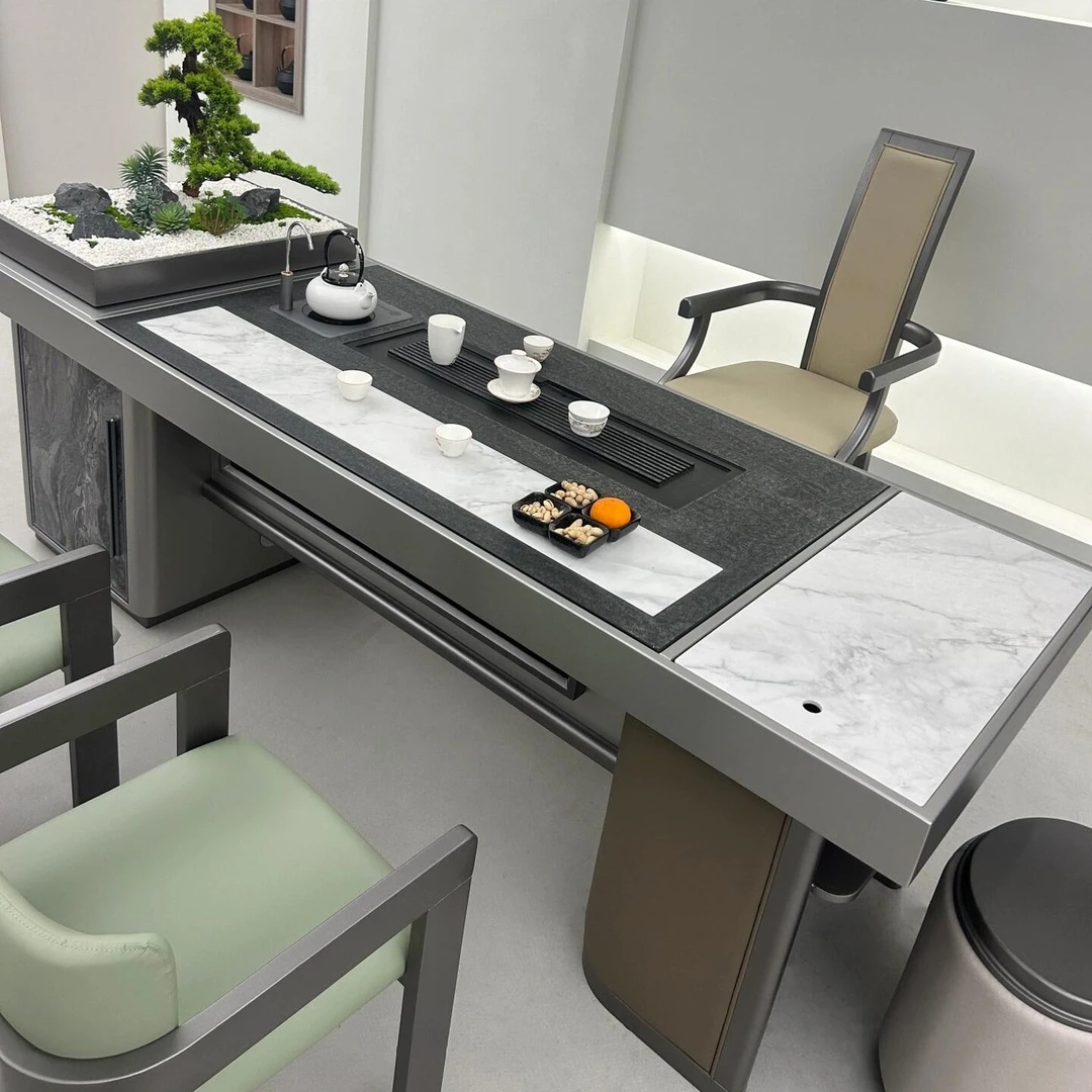 北美黑胡桃木茶桌椅组合新中式高端轻奢绿植岩板茶台办公室泡茶桌