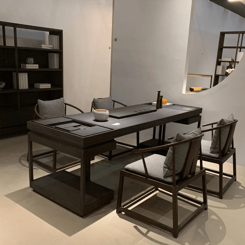 新中式实木茶桌椅组合黑胡桃木禅意简约书桌一体两用高端办公茶台