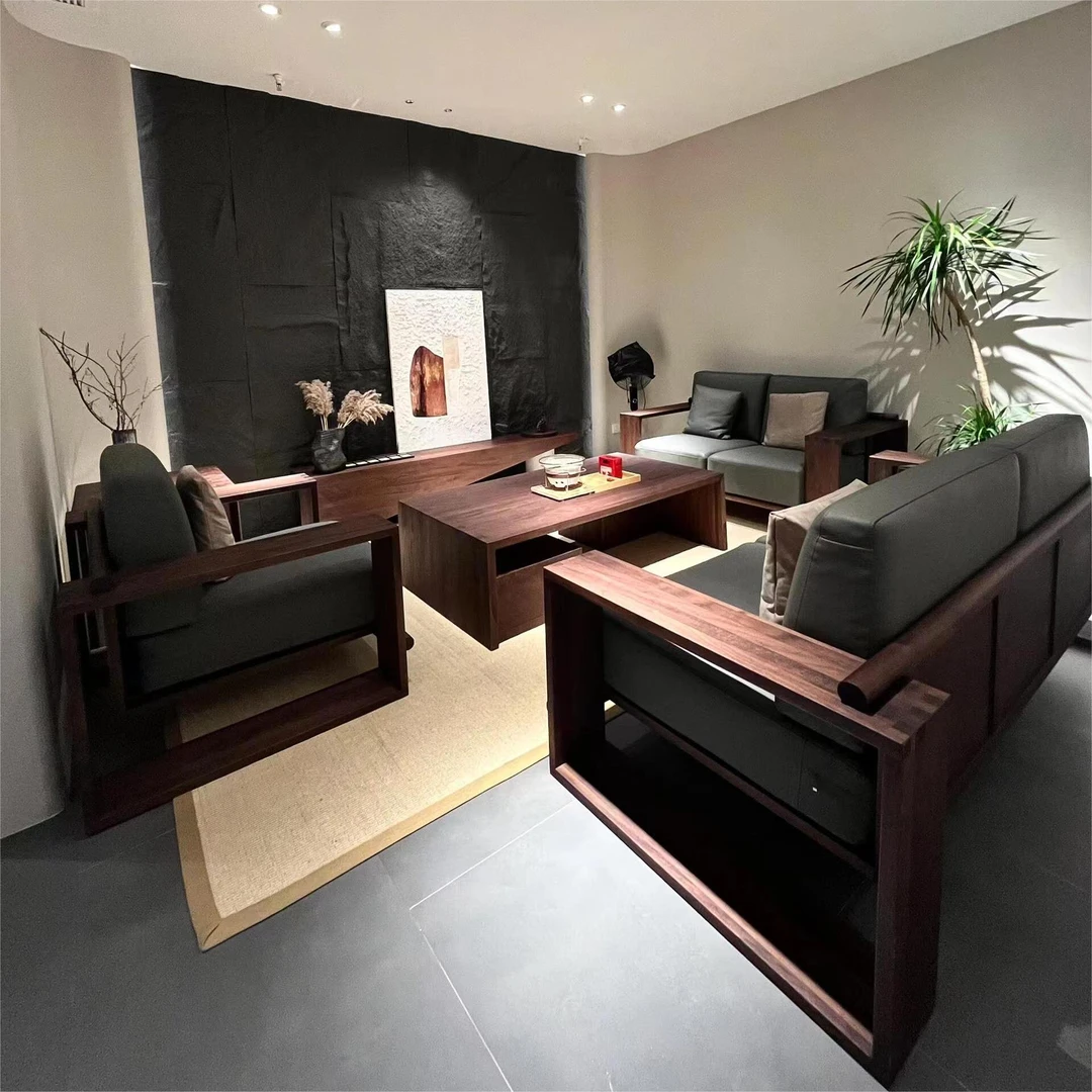 新中式北美黑胡桃木全实木现代简约办公休闲家用真皮高端定制沙发