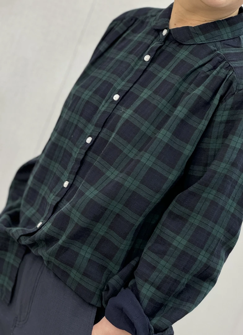 【燕子优选】经典蓝绿格小圆领宽松休闲衬衫