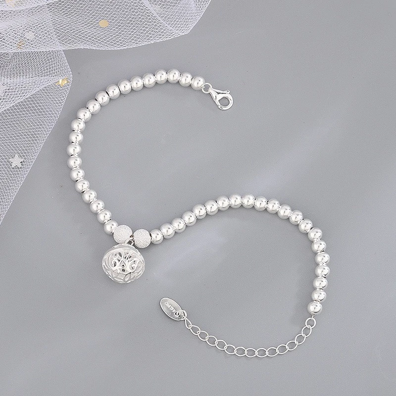 足银手链 足银990圆珠铃铛手链镂空网面花纹手链女式简约时尚手串