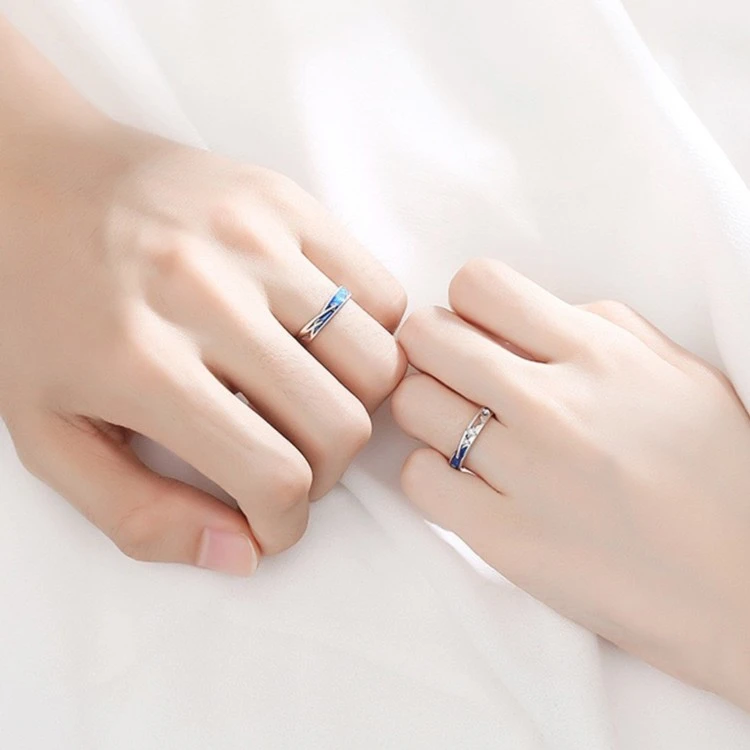 925银珐琅戒指 925纯银情侣戒指流星雨男女戒指创意情侣开口对戒