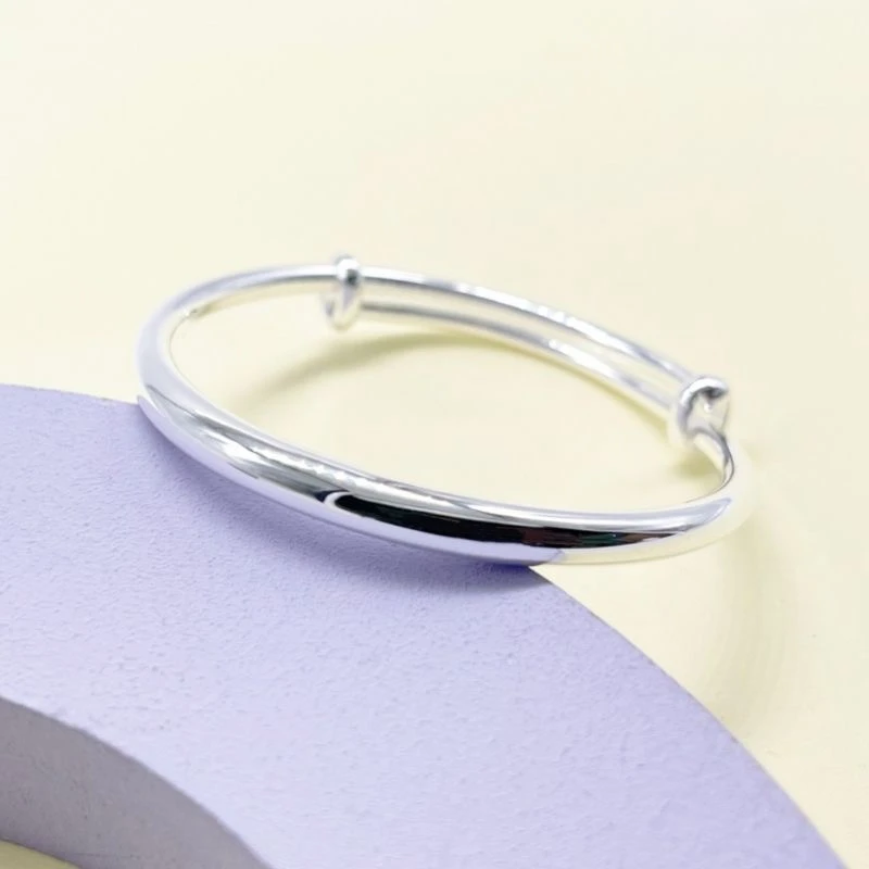 足银手镯 足银999.9中童大童素圈推拉手镯实心镯子手工简约亮面