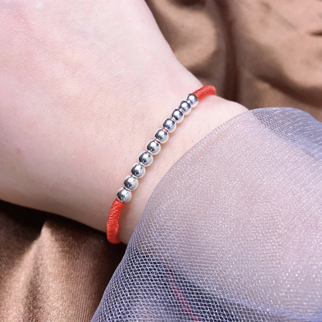 足银布艺手链 999足银十全十美手链转运珠红绳男女光珠编织手绳