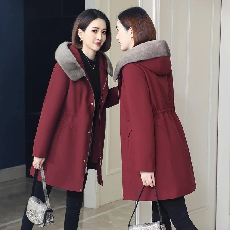 2024新款冬加绒加厚时尚修身水貂大毛领可拆卸兔毛内胆派克服外套