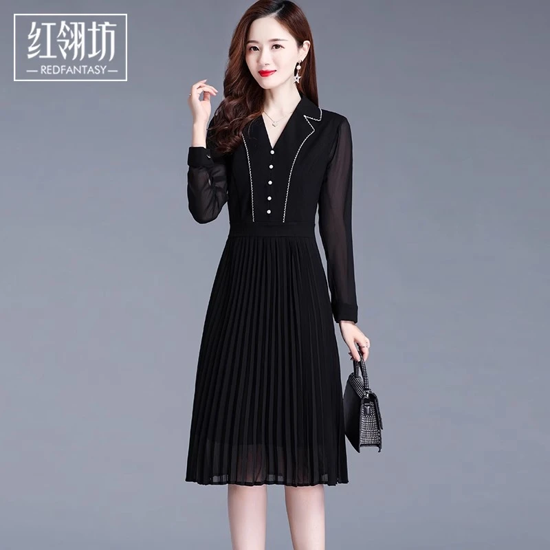 红翎坊黑色雪纺连衣裙女秋季2024年新款女装长袖收腰显瘦百褶裙子