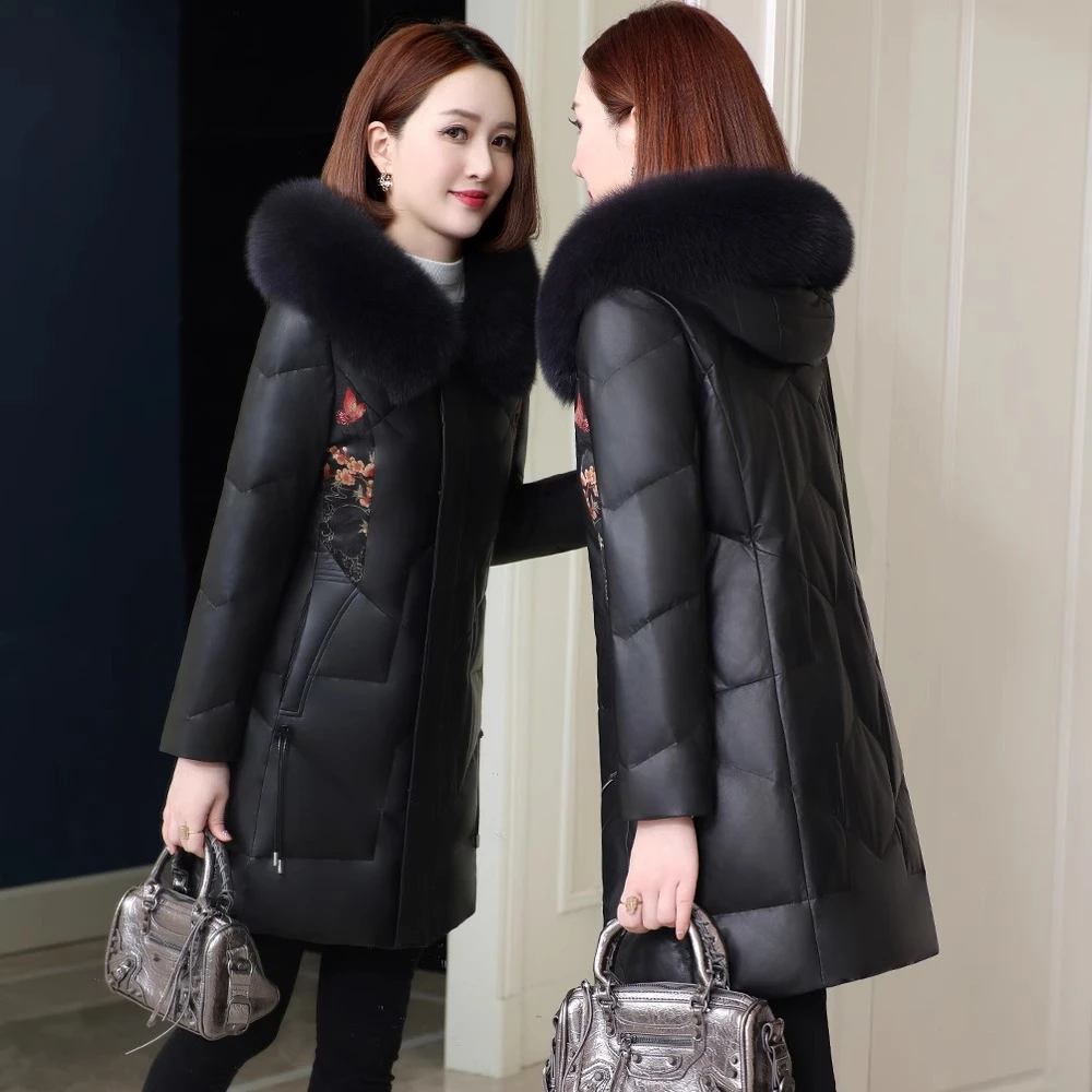 2024冬季海宁新款高端真皮羽绒服女中长款绵羊皮外套中老年妈妈装