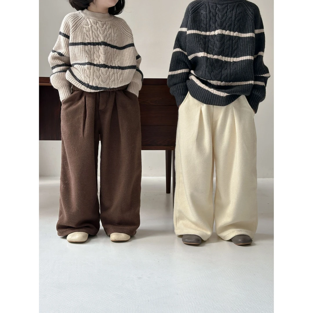 童裤2024冬款男女童韩版纯色休闲直筒裤儿童加厚百搭阔腿长裤