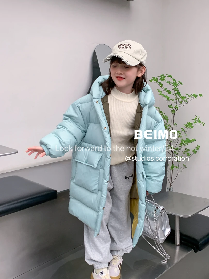 韩国女童中长款连帽羽绒服童装2024冬装儿童白鸭绒男童加厚款外套