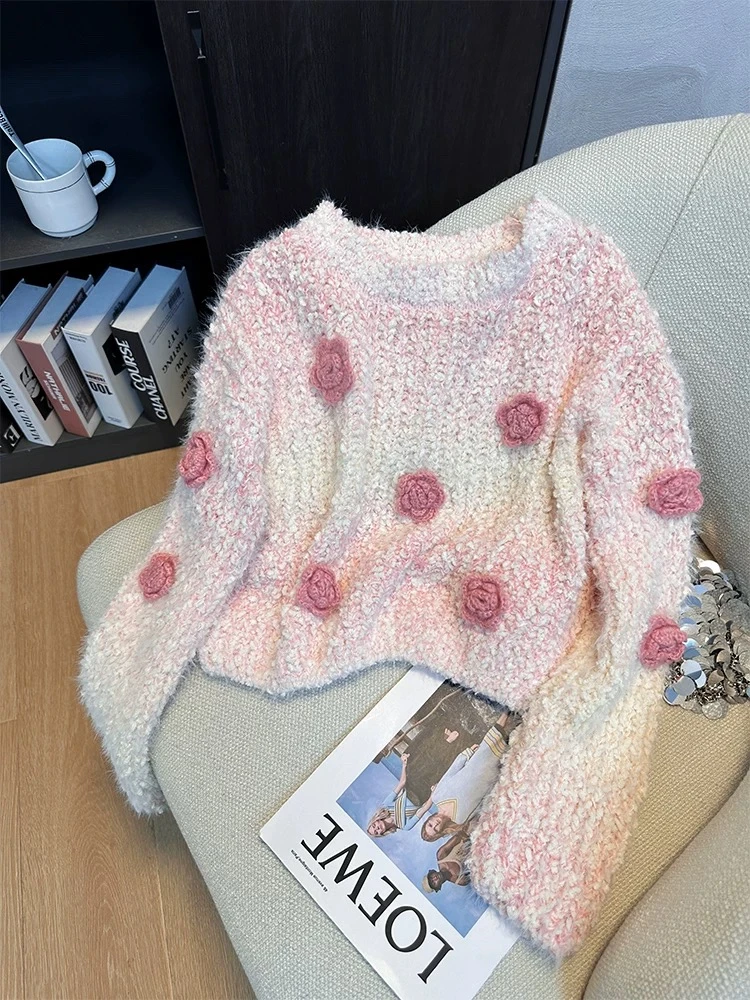 【秀宝女装】温柔风渐变色百搭手工花朵针织毛衣XB5117