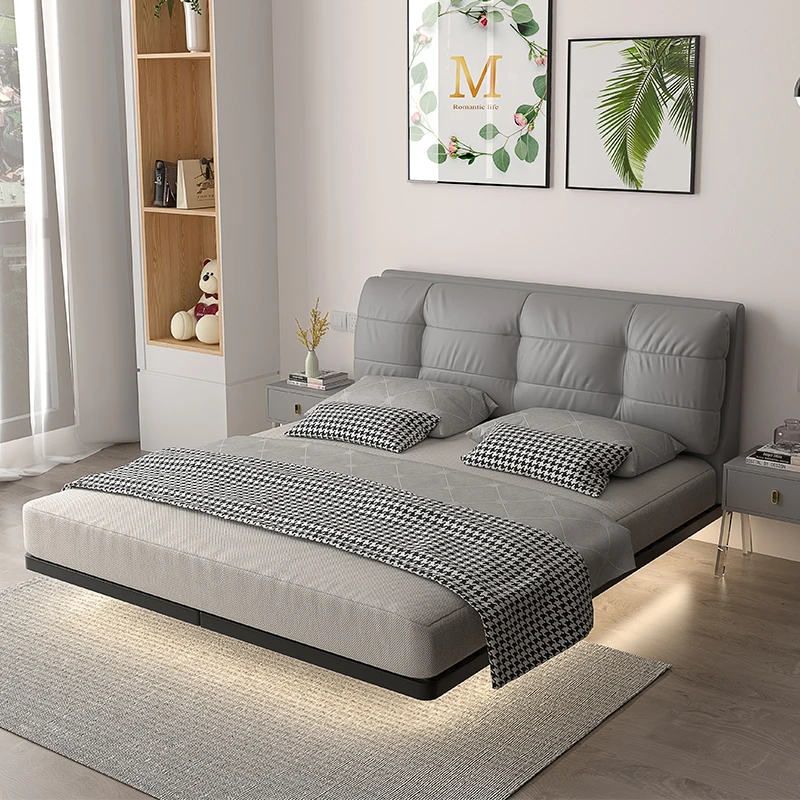 悬浮床现代简约带灯主卧双人大床婚床高端奶油风轻奢软包床皮艺床