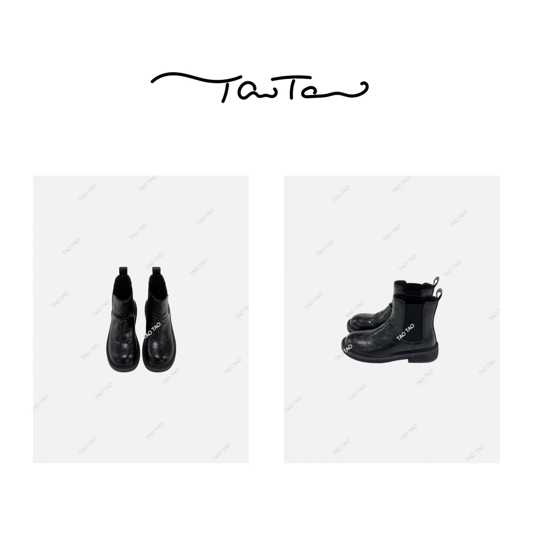 桃桃家-【切尔西】英伦风黑色真皮马丁靴百搭烟筒靴平底短靴女711