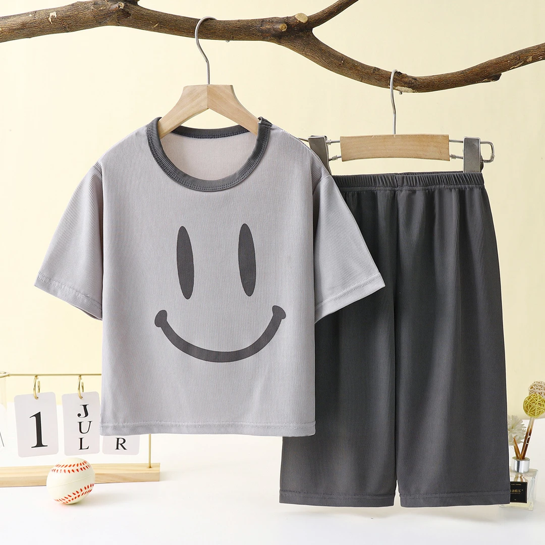 儿童冰丝夏季空调服睡衣套装中小男童七分裤家居服女童五分袖薄款