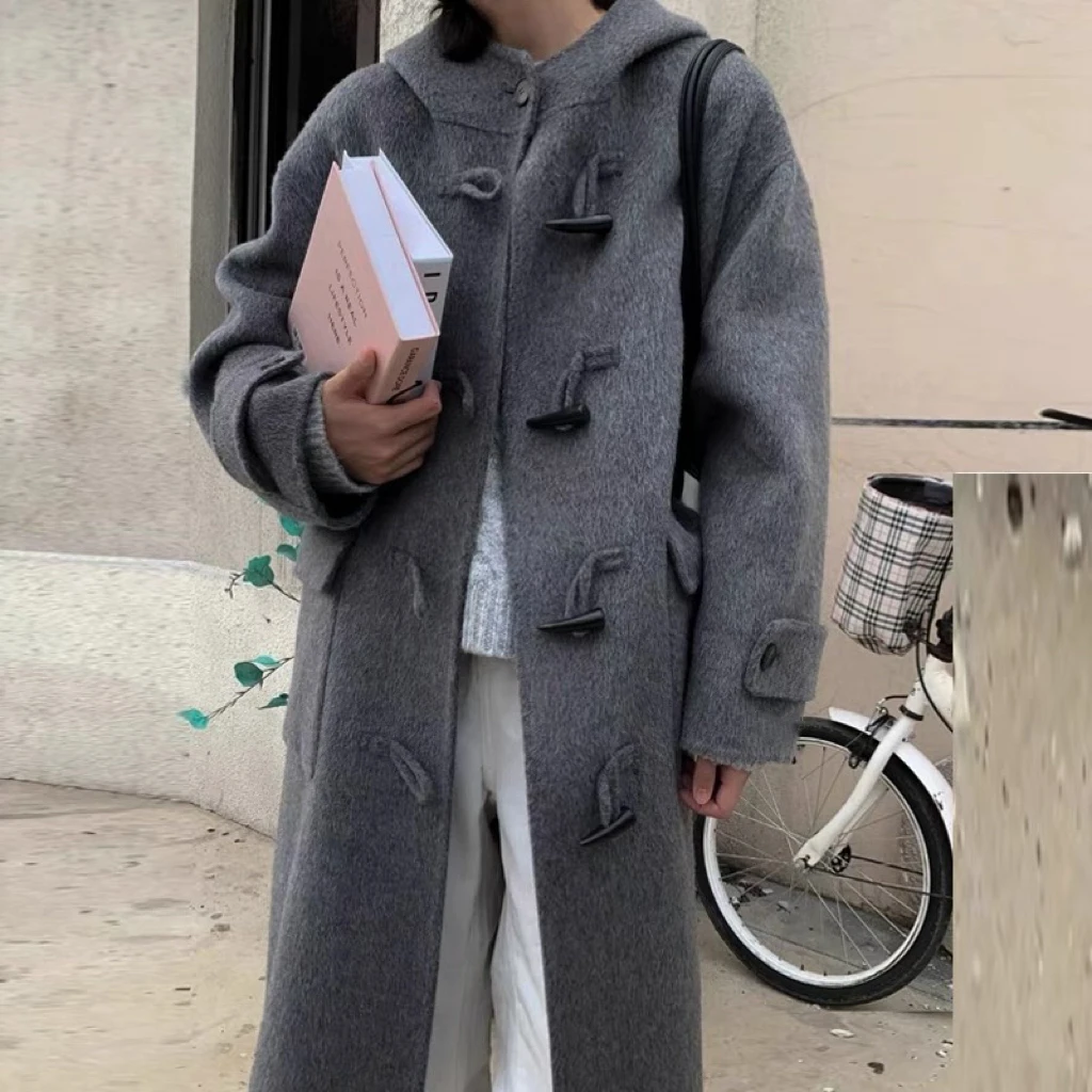 小7专属——18.牛角扣双面羊毛大衣女学院风宽松连帽小个子羊毛外套