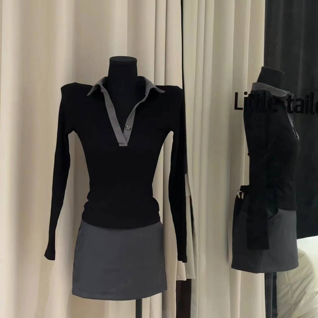 一只雪雪【古着上衣】新款秋季气质性感撞色时尚显白polo领上衣