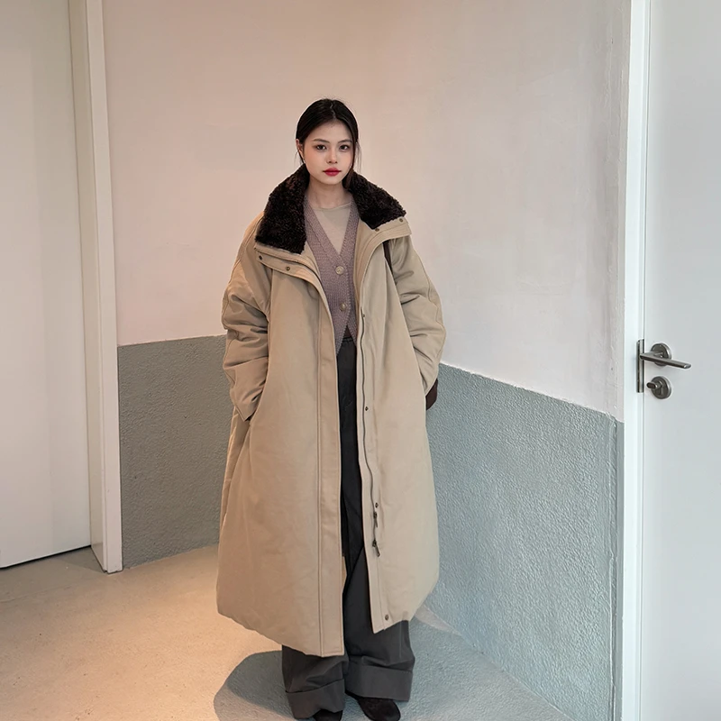 【VIINS】拉贡鹅绒韩版冬季拼接翻领长款羽绒服3608