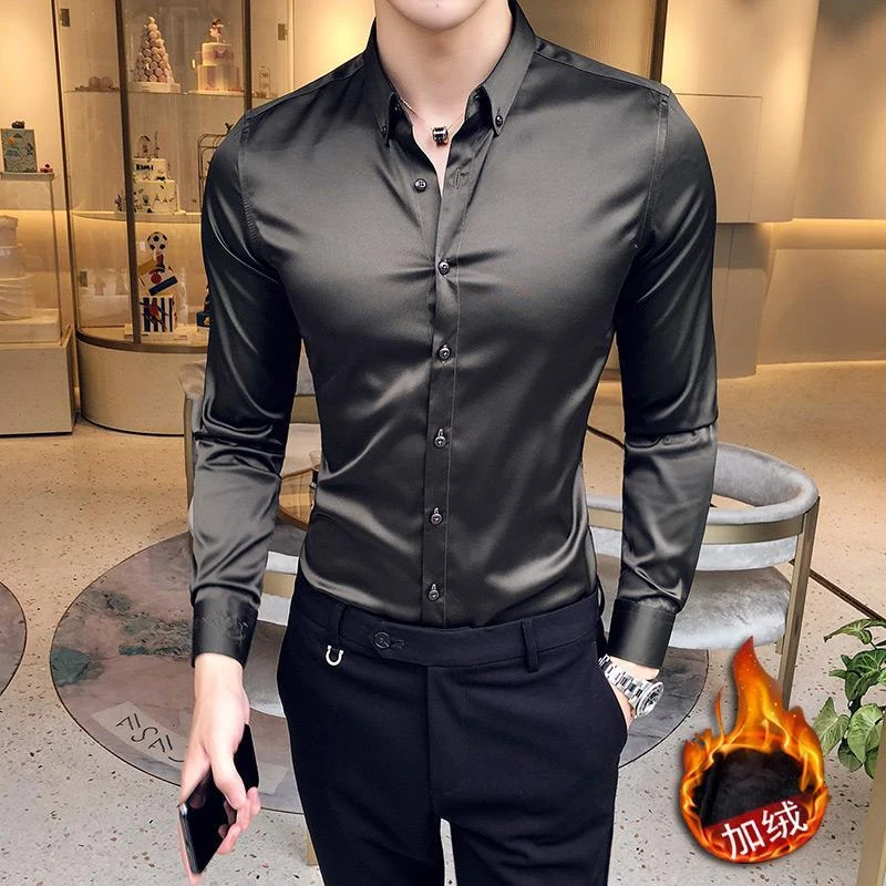 丝滑亮面长袖衬衫男士免烫修身衬衣男加绒保暖商务休闲潮牌秋冬季