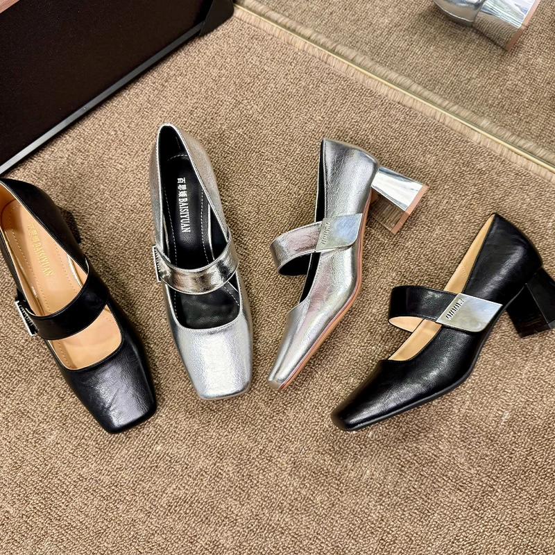 5厘米法式粗跟方头单鞋女春季新款银色气质魔术贴玛丽珍鞋一字带