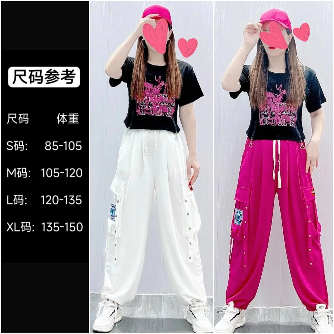 028时尚拉链螺纹棉齐腰短款短袖➕休闲宽松622飘带网红灯笼裤