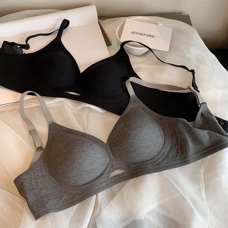 条纹肌理裸感bra小胸聚拢无痕软支撑内衣女半固定杯镂空文胸罩Y