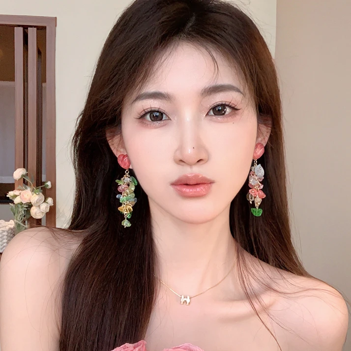 粉色爱心流苏长款碎石耳钉仙女潮网红爆款高级小众设计感耳环266