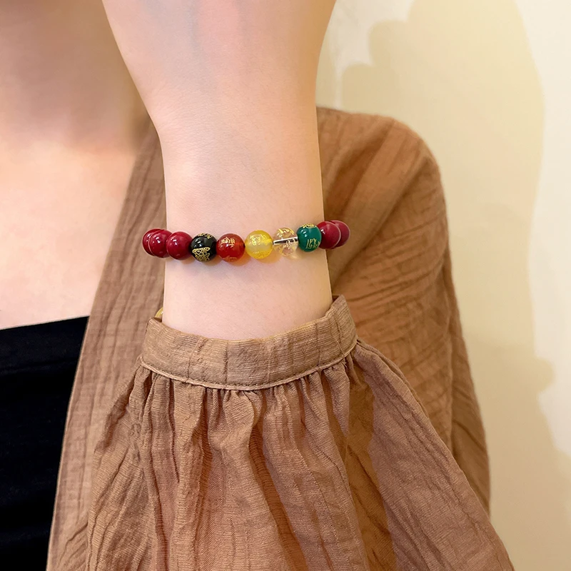 非金属玻璃手链 六字箴言手链女气质串珠手串复古小众手饰A104