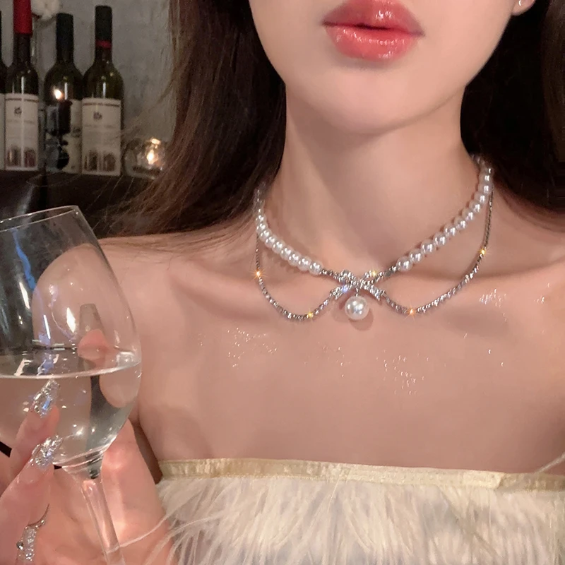 合金仿珍珠项链 双层蝴蝶结珠珠项链女轻奢小众贵气锁骨链颈链474