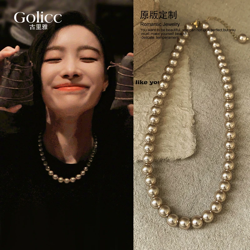 合金仿珍珠项链 倪妮同款香槟色珠珠项链女高级感颈链毛衣链C150