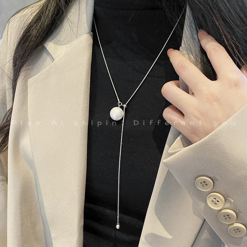 钛钢项链 抽拉可调节钛钢长项链女珠珠高级设计感毛衣链不掉色491