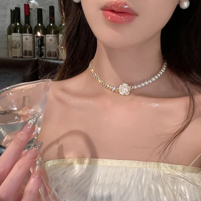 合金仿珍珠项链 山茶之恋~法式复古山茶花珠珠项链小众锁骨链445