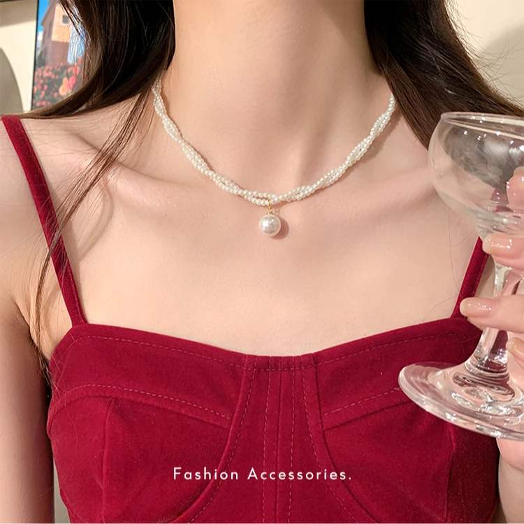 合金仿珍珠项链 法式复古珠珠吊坠项链女双层小米珠颈链锁骨链A46