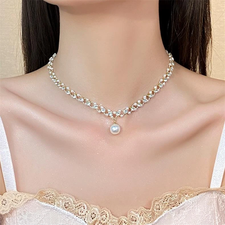 合金仿珍珠项链 高级感珠珠项链女小众设计轻奢个性锁骨链颈链484