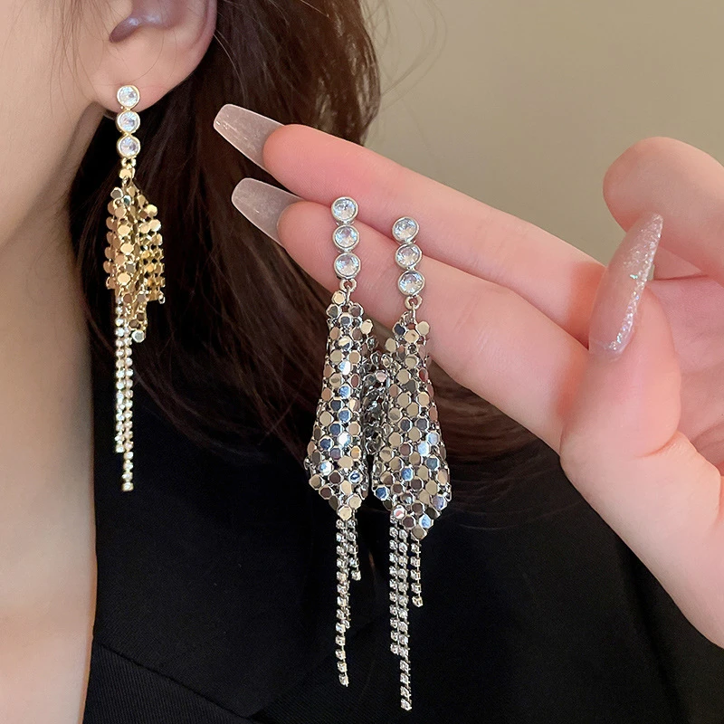 铜合金合成锆石耳饰 方形亮片流苏耳环夸张气质耳坠小众耳饰女170