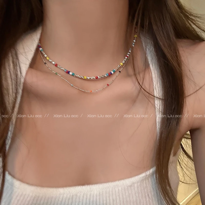 【粉丝专享】彩色串珠碎银子项链女款轻奢小众设计感锁骨链447