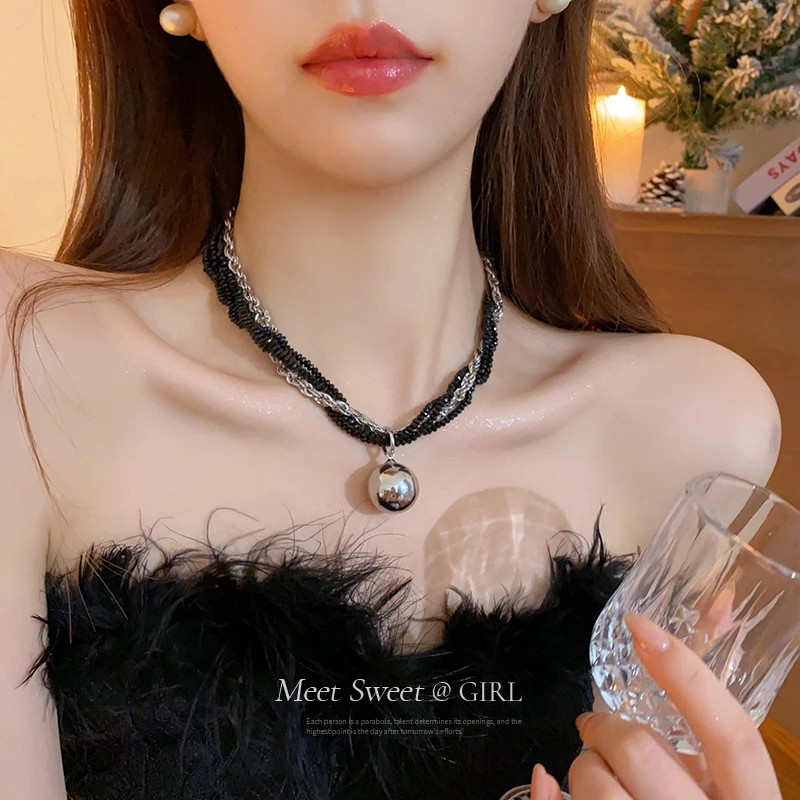 合金仿水晶项链 圆珠吊坠项链秋冬多层叠戴毛衣链轻奢小众颈链A35