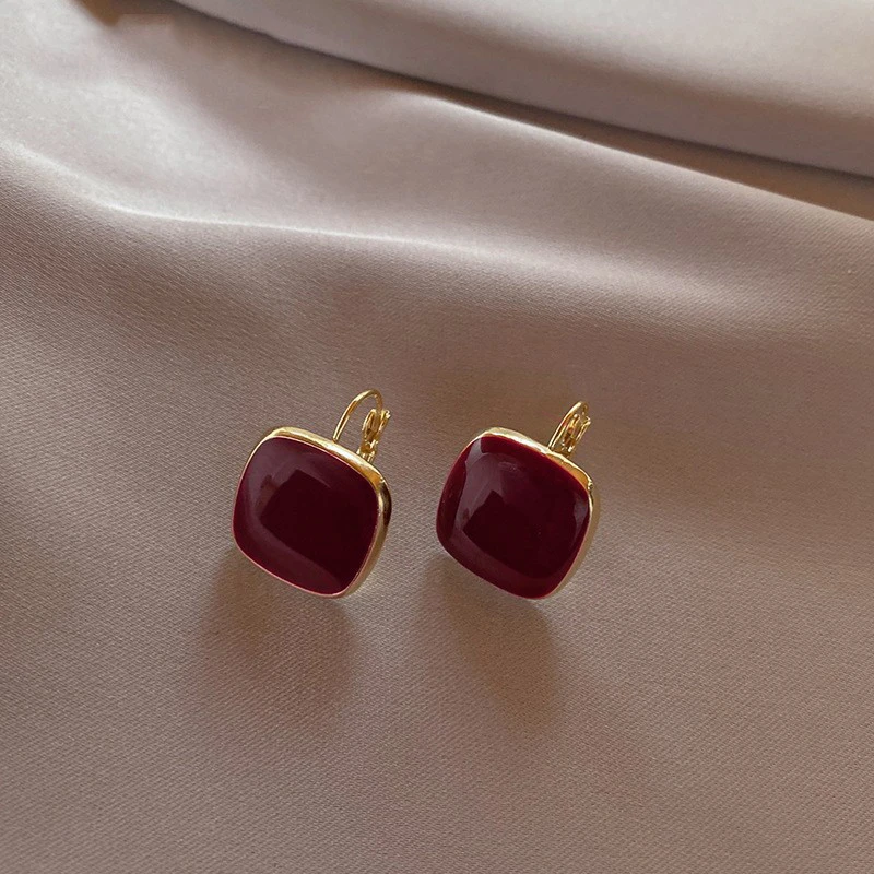 铜合金亚克力耳饰 酒红色法式高级感方形耳环气质耳钉耳扣耳饰244