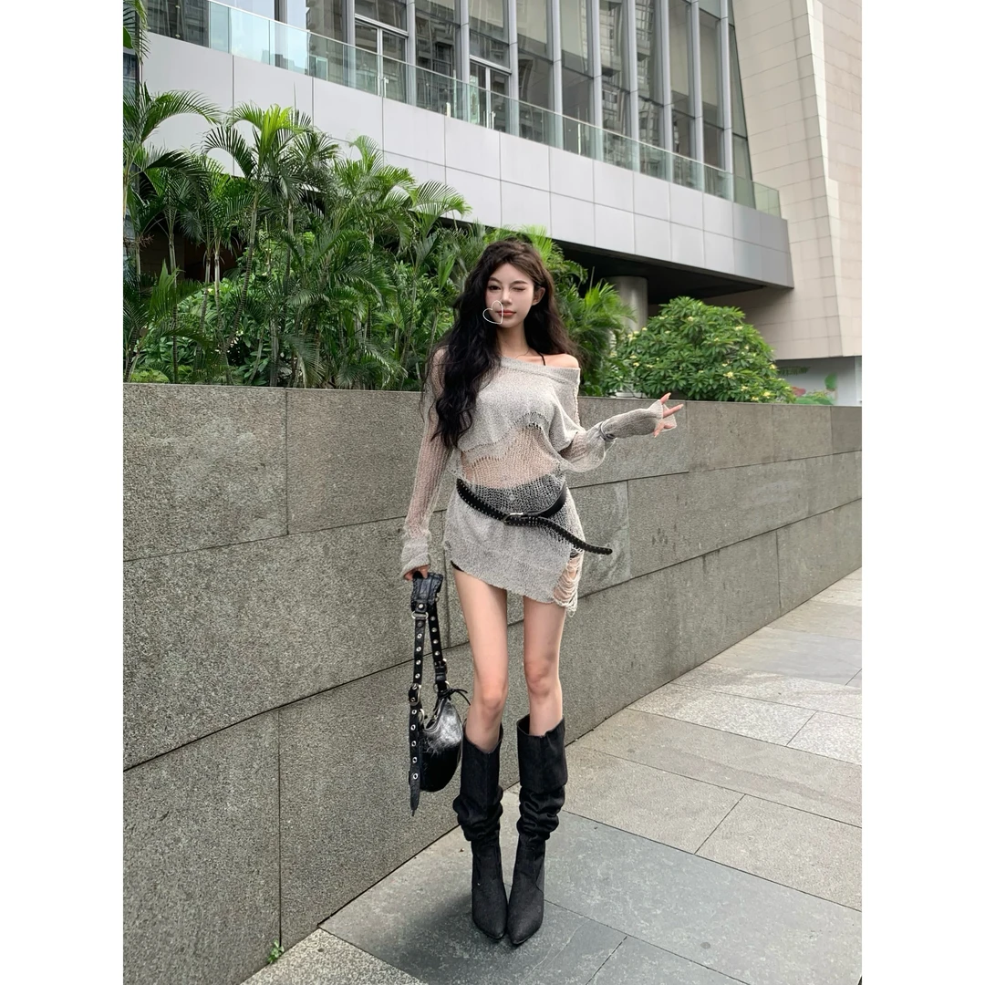 镂空针织时尚气质显瘦慵懒毛衣夏季上衣女装别致漂亮小衫2023新款