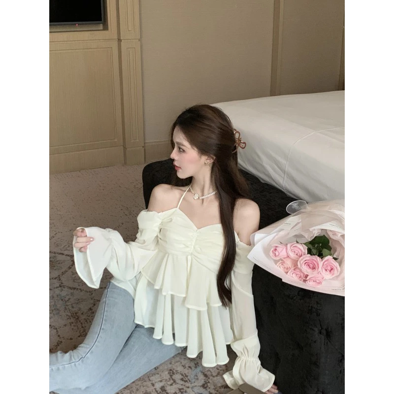 法式甜美荷叶边雪纺衫秋季衬衣女装一字肩泡泡袖上衣别致漂亮小衫