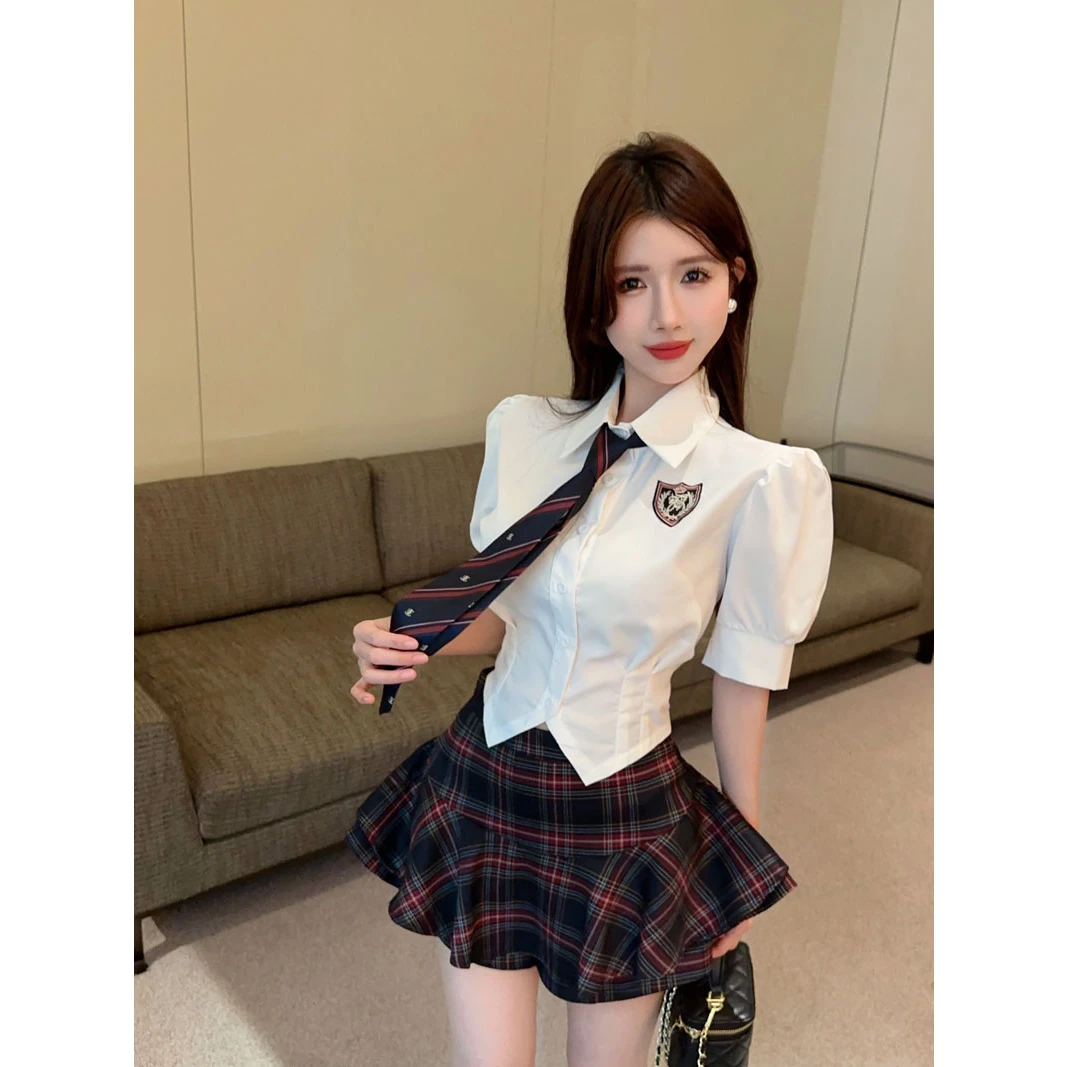 娜娜~韩系学院风套装裙辣妹风jk制服短袖衬衫高腰格子半身裙女装