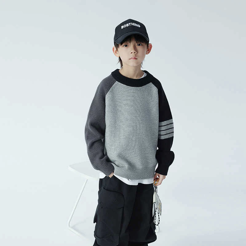 男童春秋撞色针织衫圆领毛衣2025新款儿童休闲毛线衣加厚打底衫潮