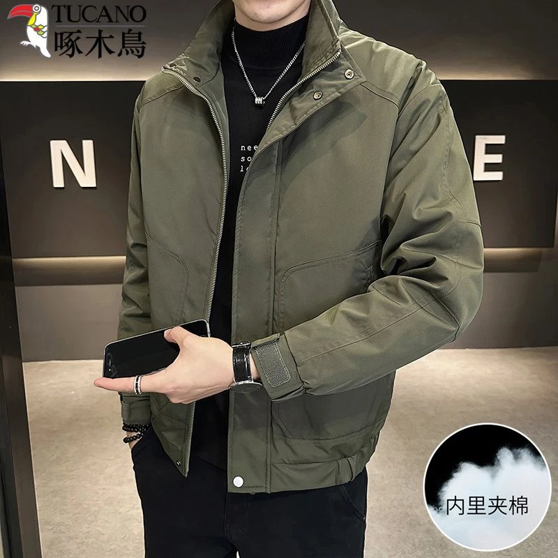 啄木鸟精品男士立领加厚棉衣冬季新款休闲宽松纯色潮流保暖外套男