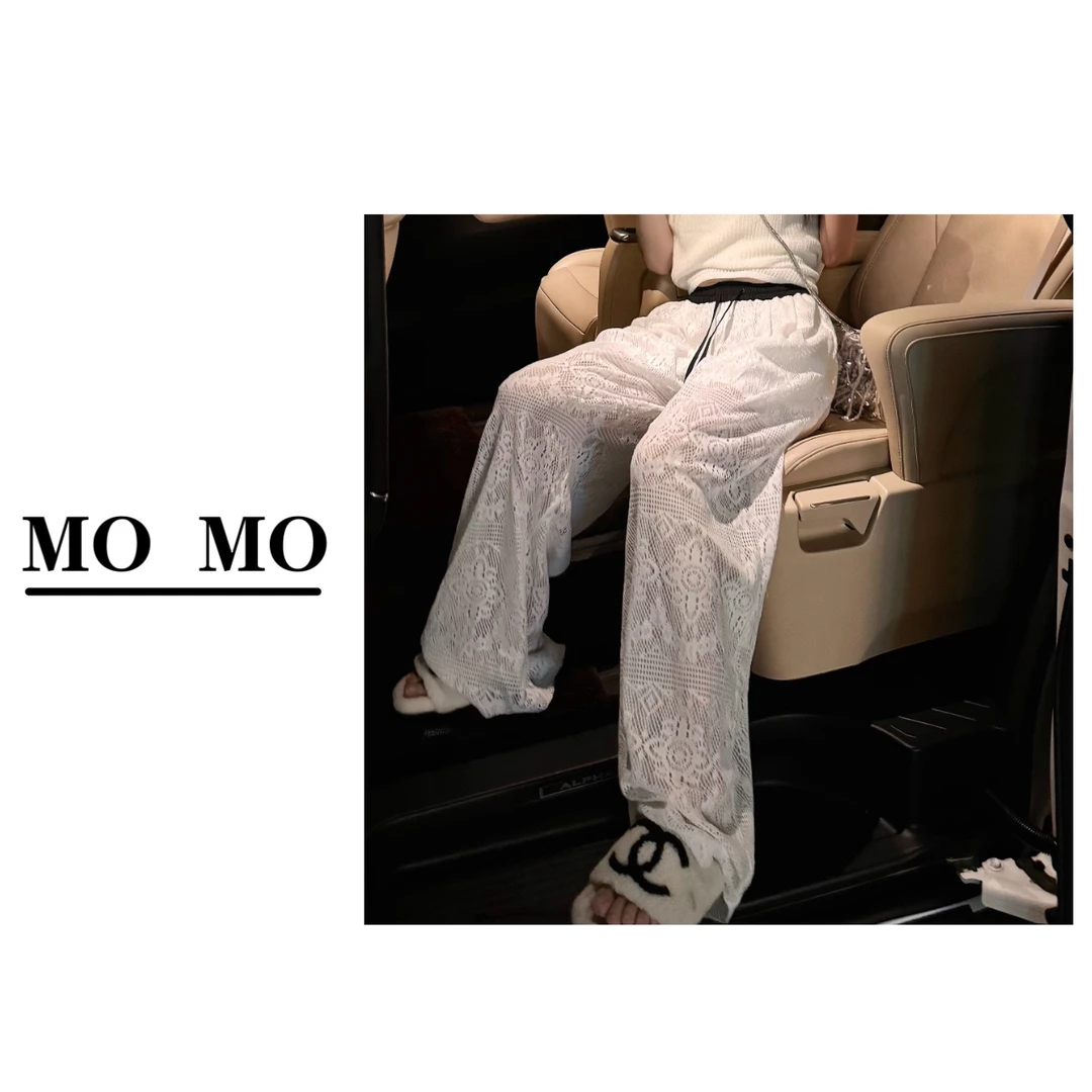 MOMO 【云上香草·阔腿裤】夏季新款纯色镂空蕾丝设计感直筒裤薄款女