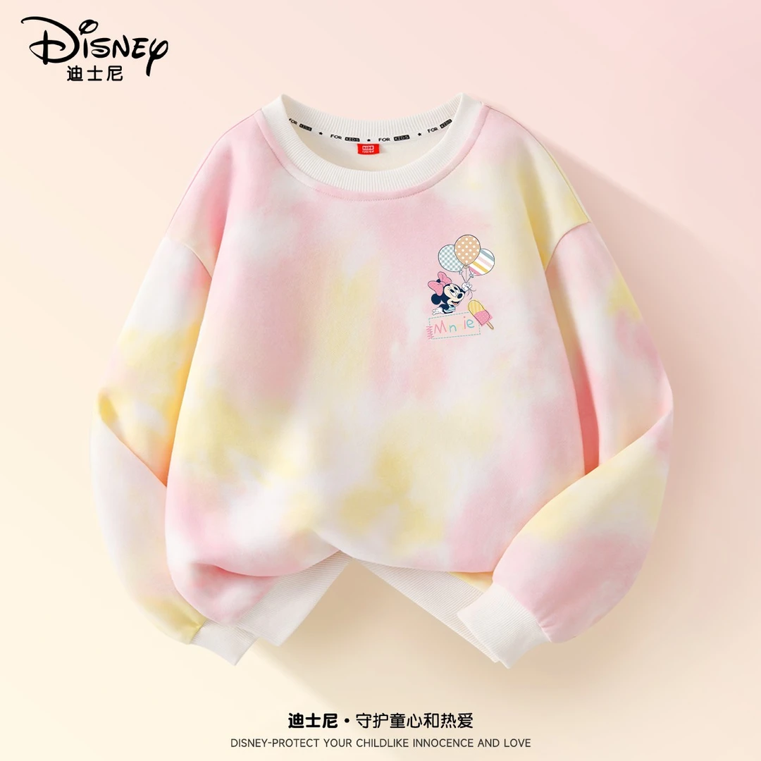迪士尼女童长袖T恤2024新款女孩休闲打底卫衣春秋款儿童扎染衣服