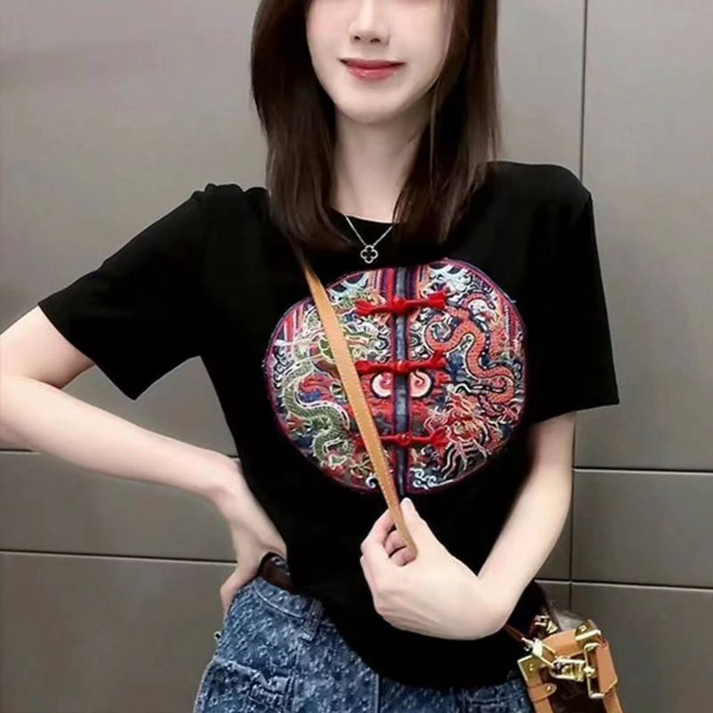 2024春夏新款国风民族风刺绣短袖T恤女气质别致内搭上衣