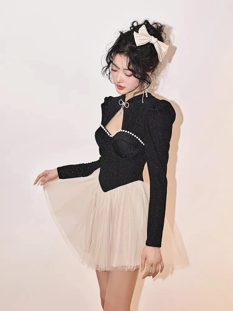 泳衣女复古长袖保守2023网红款气质高级感遮肚蓬蓬裙泡温泉游泳衣