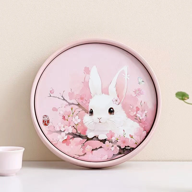 可爱樱花兔茶盘陶瓷国风轻奢卡通干泡盘小套家用圆形简约茶壶垫