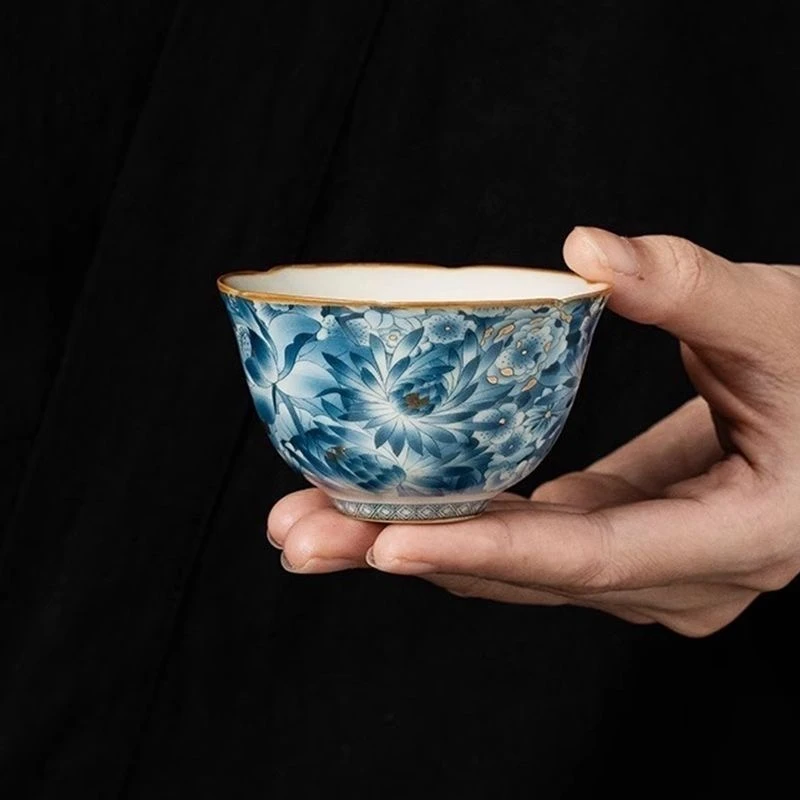 汝窑金万花葵口杯功夫茶杯个人专用主人杯中式功夫茶具片高档单杯